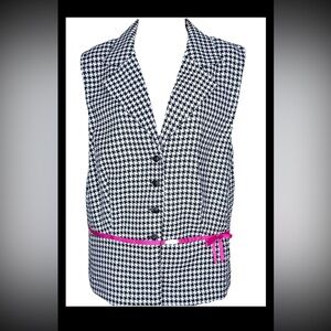 Vintage Sweet Suit Houndstooth Blazer M White & Black Sleeveless Pink Ribbon